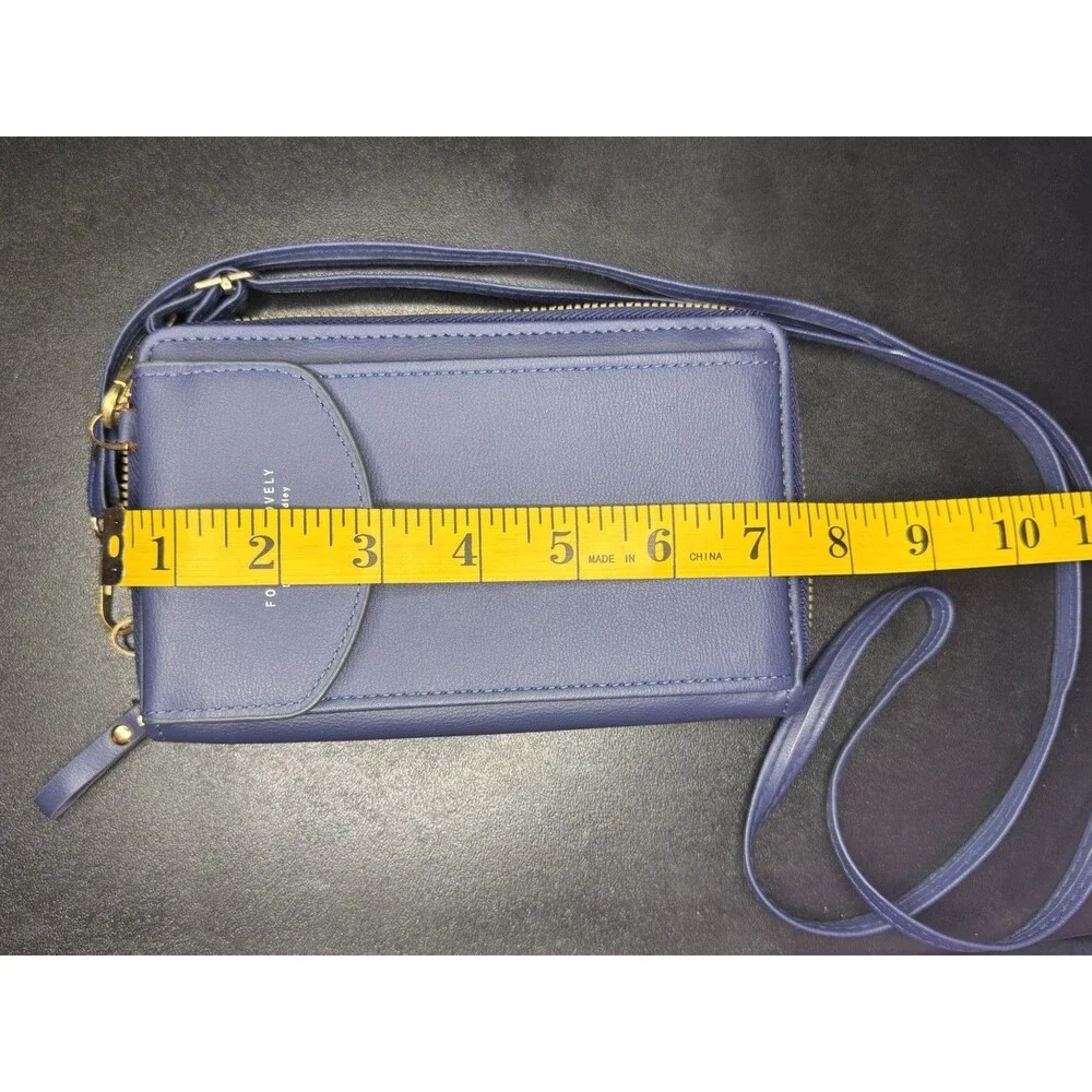 Forever Lovely Blue Crossbody Wallet Phone Purse Organizer Gold Zip Faux Leather